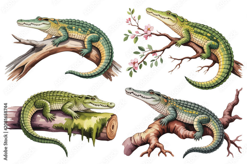 Fototapeta premium set of watercolor Nile Crocodile with branch vector illustration isolated on white background