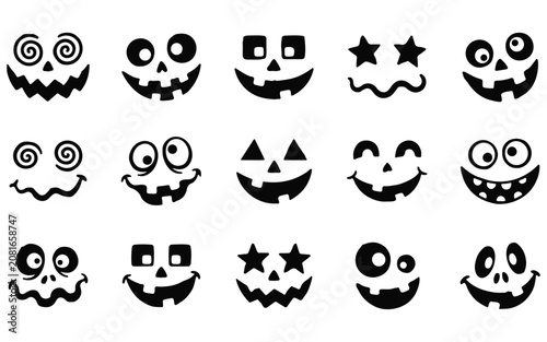 Set of halloween scary pumpkins cutouts spooky creepy jack o' lantern faces collection, Heroine vector bundle