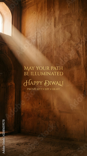 Diwali celebration featuring golden light streaming through ancient stone temple, symbolizing hope, prosperity, spiritual illumination, festive greeting background design.