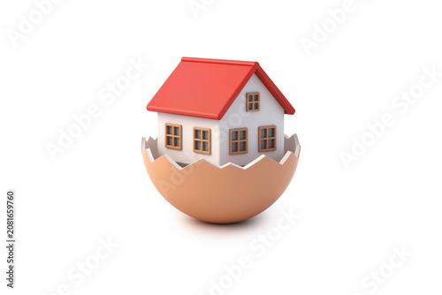Tiny Red Roof House Perched Inside A Cracked Matte Brown Egg Shell