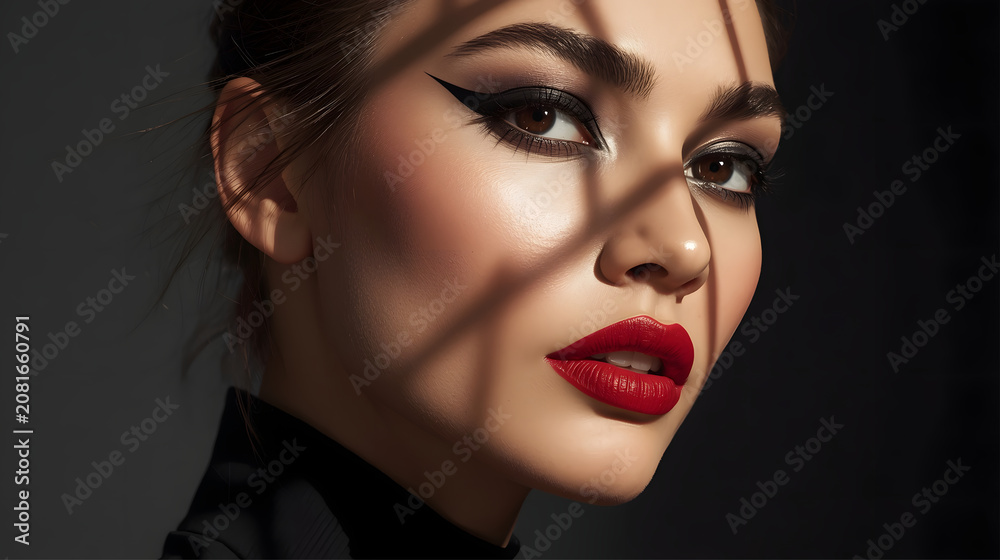 Fototapeta premium portrait of a beautiful woman model portrait with red lipstick and shadow on her face