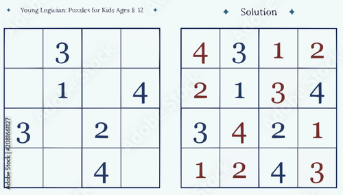 Foto Sudoku puzzle for kids with numbers and solution on grid