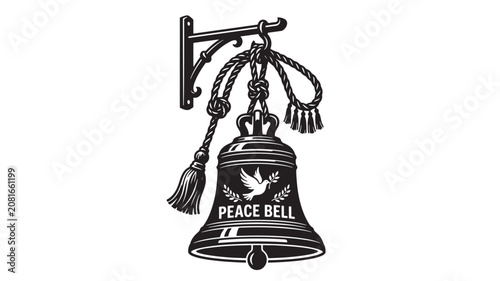 Canvastavla Peace Bell Icon with Rope and Tassels, Vintage Line Art Symbol for Calm, Harmony