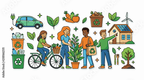 People and elements promoting eco-friendly living and sustainability