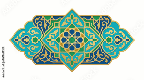 Ornate geometric pattern with Islamic-inspired motifs in blue green and gold
