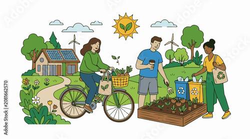 People embracing eco-friendly lifestyle with solar energy biking and recycling