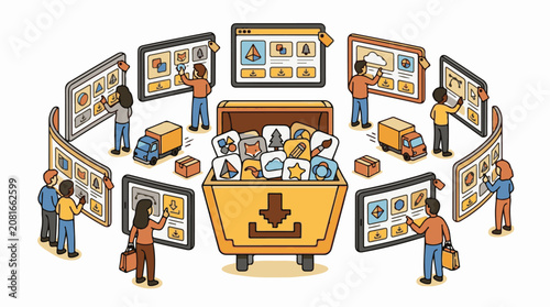 People interact with screens displaying various icons accessing digital content