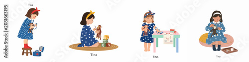Photography A collection of illustrations showing a young girl named Tina playing doctor and caring for her stuffed monkey toy using various medical tools