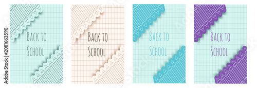 Creative Back to School vertical Poster cover Set. Vector notebook page background with checkered texture and hand drawn pencil frame. Minimal Back to School card collection