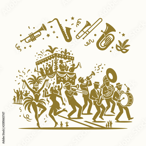 Quadro su tela Mardi Gras parade gold silhouette vector illustration with jazz marching band and carnival dancers