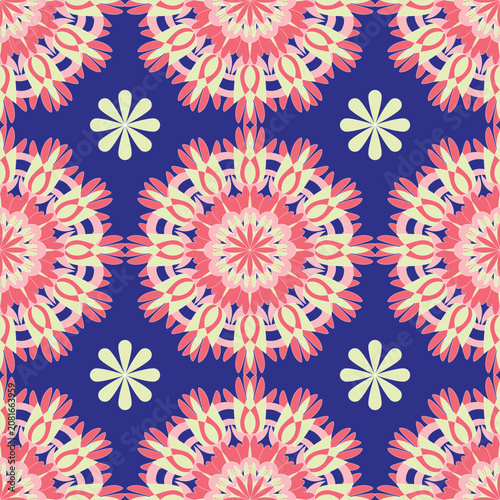 Seamless floral mandala pattern with layered petals in coral, pink, cream, and navy. Ideal for textiles, apparel, wallpaper, gift wrap, home décor, and digital backgrounds.