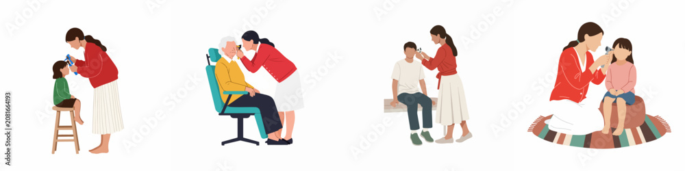 Fototapeta premium Set of flat illustrations depicting a healthcare professional performing ear examinations with an otoscope on patients of various ages, from children to seniors.