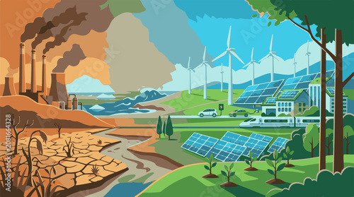Environmental contrast pollution vs renewable energy and nature