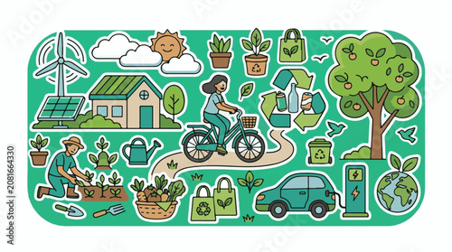 Eco-friendly lifestyle cycling planting electric car recycling and renewable energy