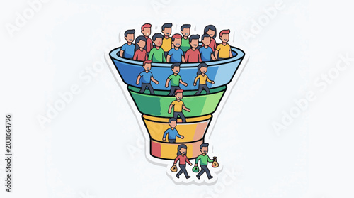 Illustration of a sales funnel with people moving through it