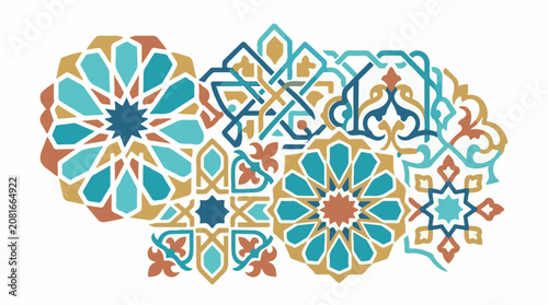 Intricate geometric patterns in blue gold and rust hues