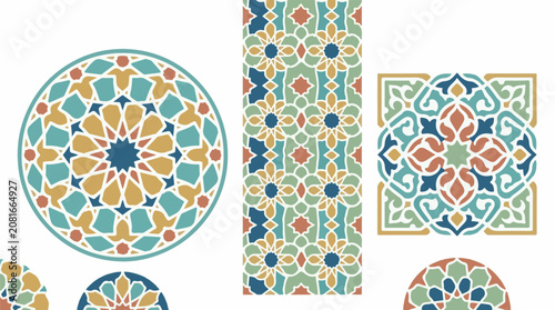 Intricate geometric patterns with floral and star motifs in muted colors