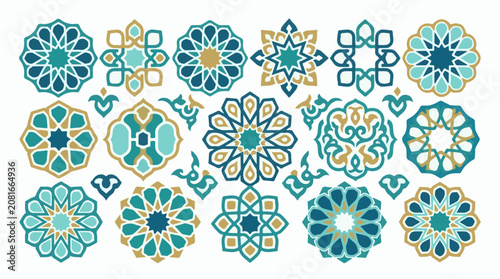 Intricate geometric patterns in teal gold and dark blue on white background