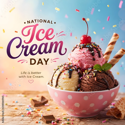 National ice cream day celebration with colorful dessert