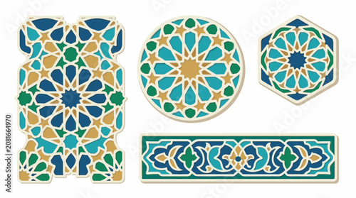 Intricate Islamic geometric patterns in blue green and gold hues