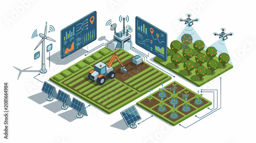 Isometric Agricultural Technology Farm Overview Illustration.