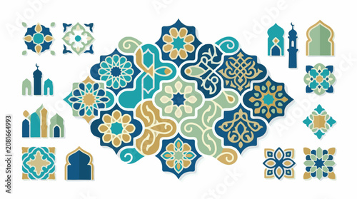 Islamic geometric patterns and architectural elements in blue teal gold