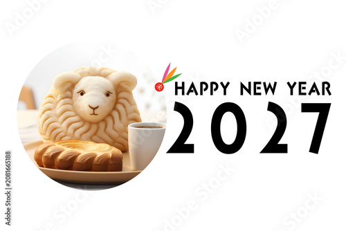 2027年賀状 未年 コーヒーカップと可愛い羊のフードアートを描いたナチュラルな立体CGイラ