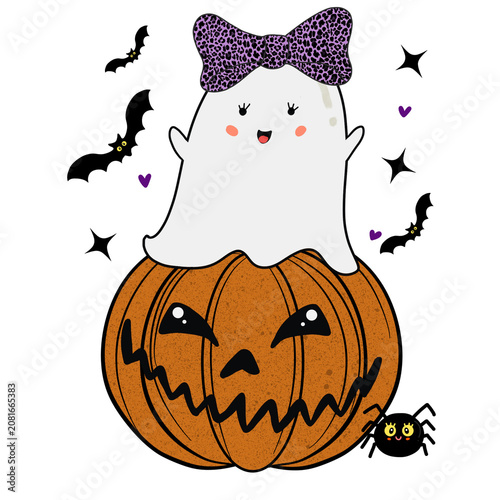 Cute Halloween girl ghost with purple leopard bow on pumpkin sublimation design