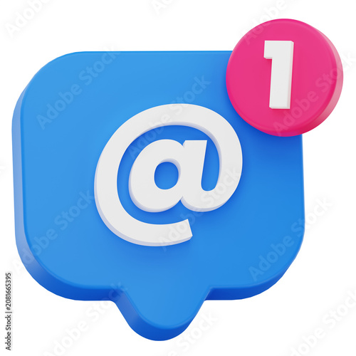 Fényképezés 3D rendering of blue chat bubble with at sign icon for social media mention aler