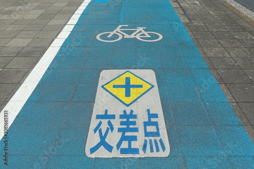 道路上の自転車専用通行帯と「交差点」の路面標示。交通ルールと安全意識の啓発イメージ。