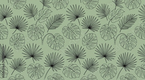 Minimalist Tropical Monster a and Palm Leaves Line Art Seamless Pattern