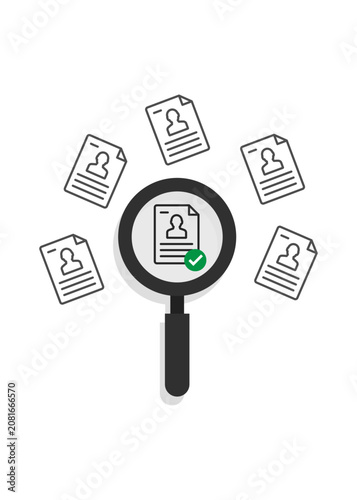 magnifying glass choosing the candidate profile from a resume pool
