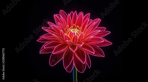 Vibrant red dahlia flower with glowing neon outline against black background
