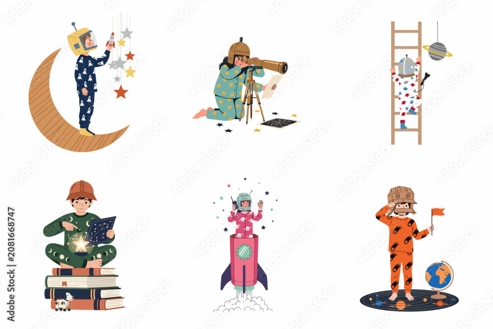 Fototapeta premium Set of diverse children in pajamas playing as astronauts, exploring the cosmos with imaginary rockets, stars, and telescopes in a cute illustration.