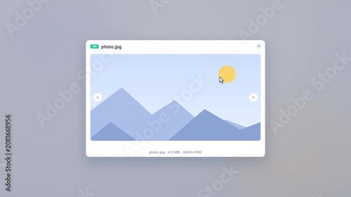 Computer user interface animation showing clicking and opening a digital photo file to view image