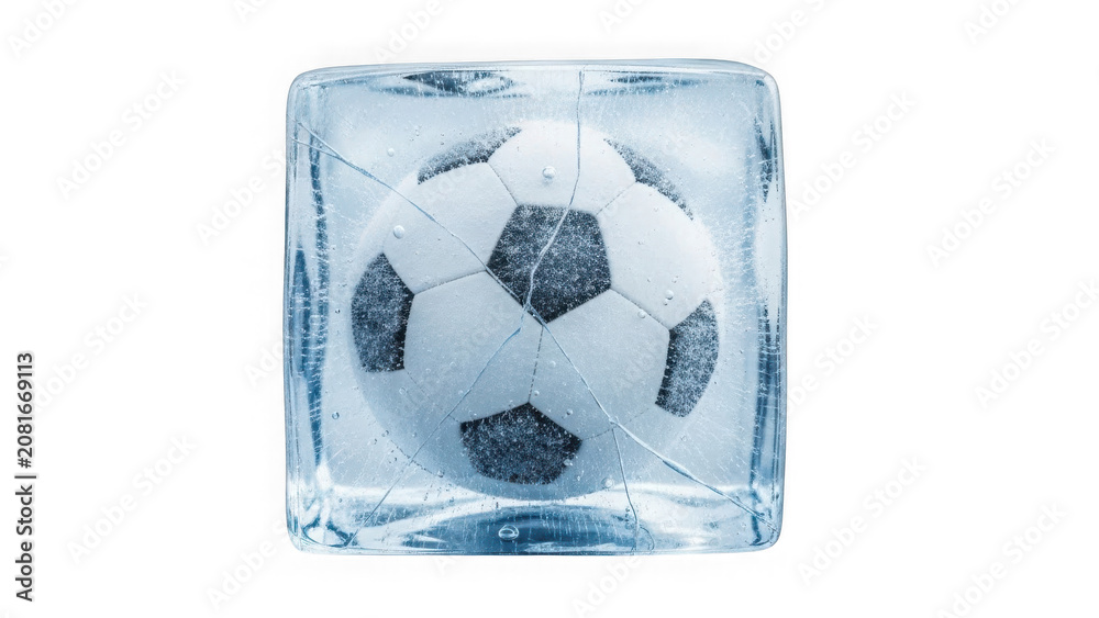 Naklejka premium Soccer ball in ice cube isolated on transparent background