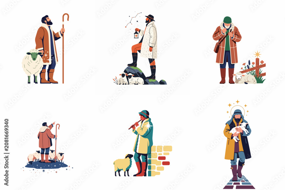 Fototapeta premium Set of flat illustrations depicting various shepherds with their sheep in a stylized, folk-art inspired aesthetic.