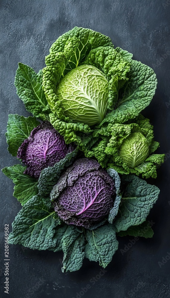 Fototapeta premium Fresh Green and Purple Savory Cabbage Heads Arranged on a Dark Background Rustic Food Studio Style