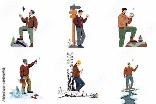 Фотография Set of illustrations depicting a man navigating through various outdoor environments using a compass and map for exploration and adventure