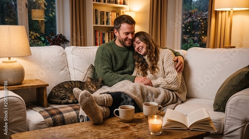 Cozy couple relaxing on sofa with cat and hot tea for hygge lifestyle concept banners. Mindfulness and mental health concept with couple enjoying peaceful domestic winter comfort at home.