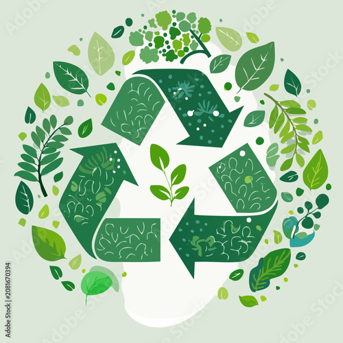 Recycling symbol made of green leaves and arrows on white background