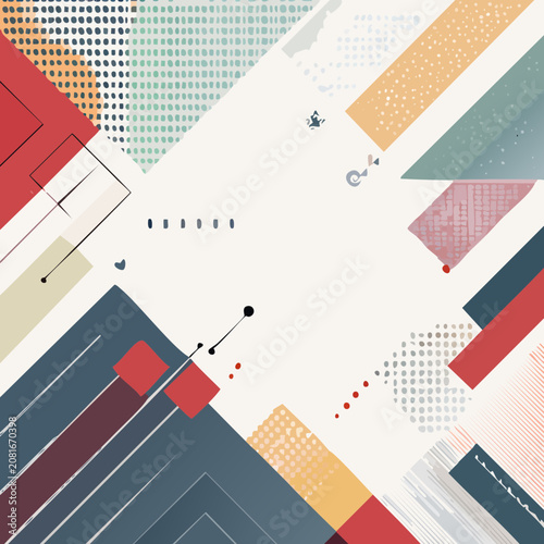 A vibrant graphic illustration featuring various colorful geometric shapes and patterns.