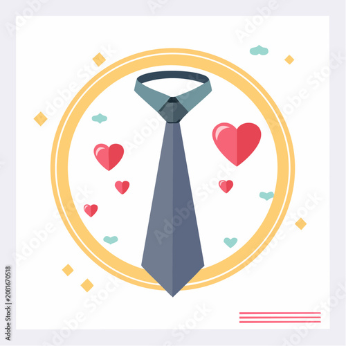 A blue necktie surrounded by red hearts and yellow accents.