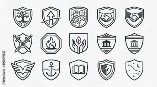 Modern Black and White Shield Icons Set Featuring Symbols of Growth Cooperation Knowledge and Authority