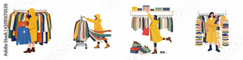Set of flat illustrations featuring women shopping for clothes, browsing racks, and managing inventory in a retail store setting on white background.