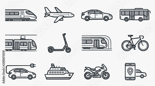 Elegant Minimalist Line Art Icons Set of Various Modern Transportation Vehicles and Modes with high quality professional line art symbols for modern creative design and digital branding projects
