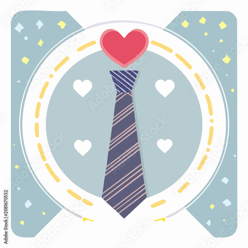 A stylish necktie with diagonal stripes is adorned with a red heart above it, surrounded by smaller hearts and decorative elements.