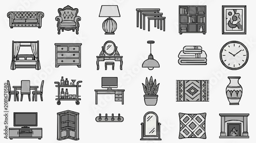 Принти на полотні Sleek Minimalist Black and White Line Drawing Icons of Modern Home Furniture and