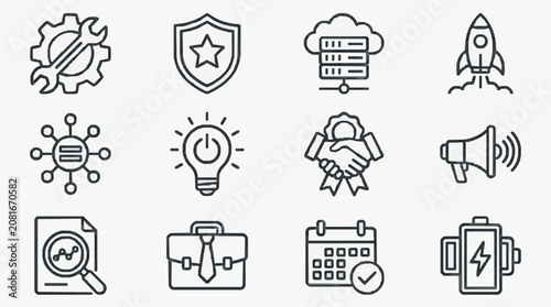 Modern Black and White Line Icons Set Featuring Technology Business and Communication Concepts with high quality professional line art symbols for modern creative design and digital branding projects