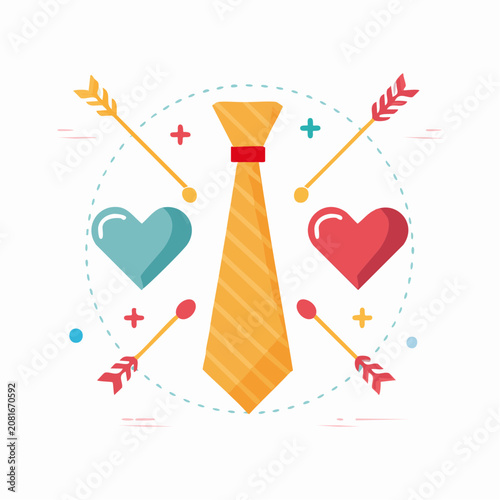 A vibrant illustration of a necktie surrounded by hearts and arrows.